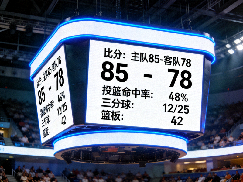 体育场内的大型计分屏显示比赛比分与统计数据
